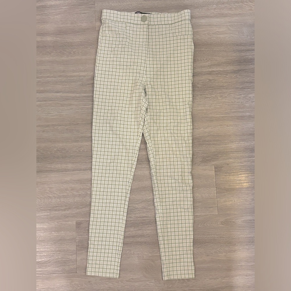 Zara Plaid Pants - White & Light Green, Size Medium